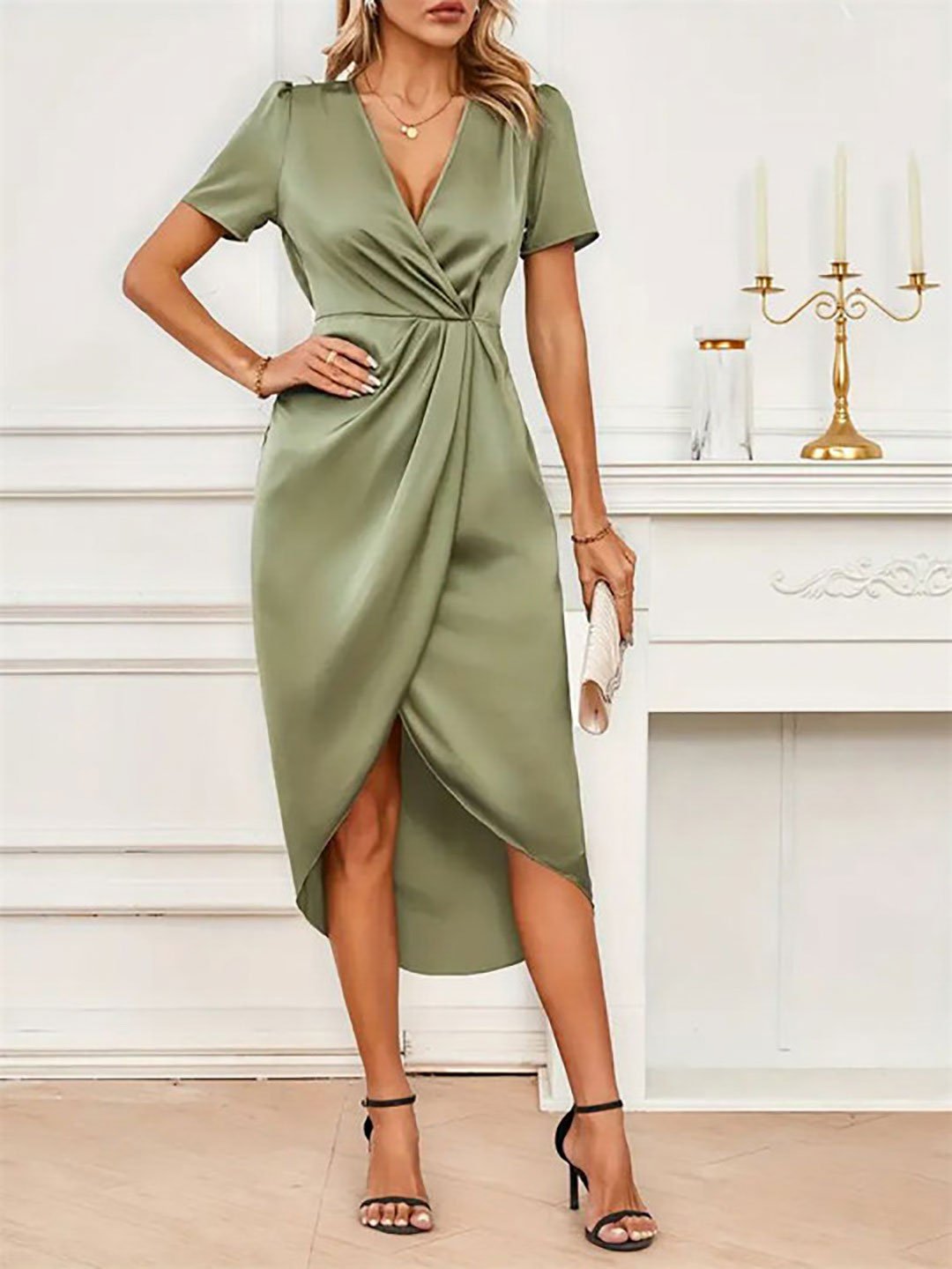 Olive Solid Wrap Front Midi Dress
