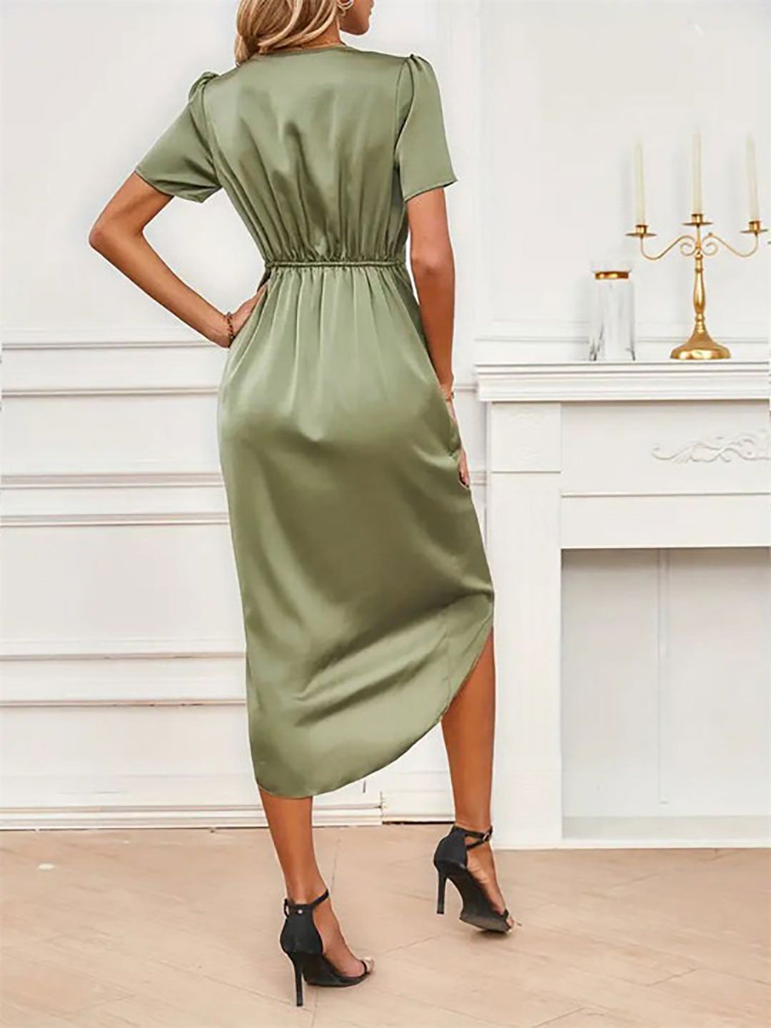 Olive Solid Wrap Front Midi Dress