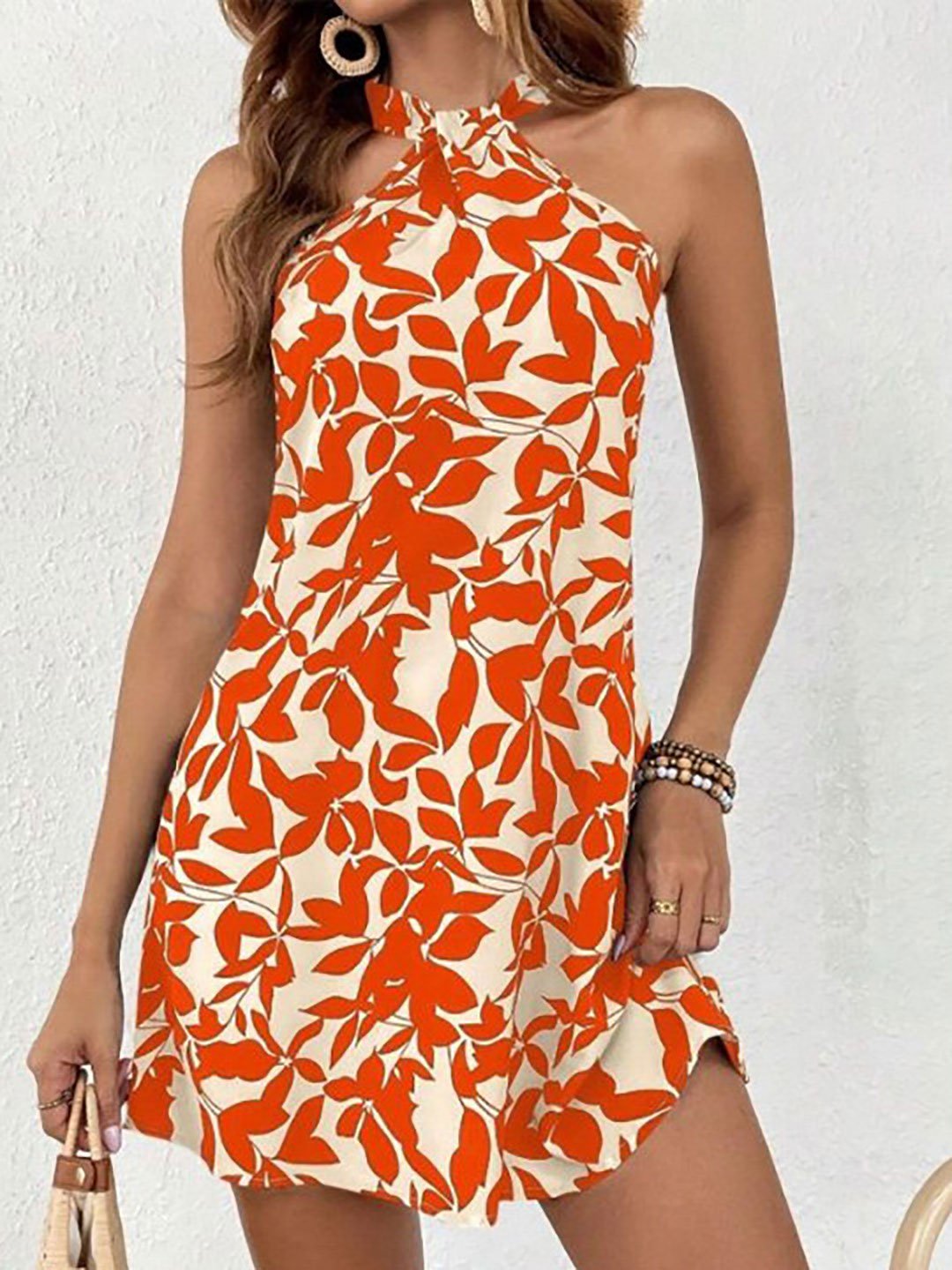 Orange Leaf Print Halter Mini Dress