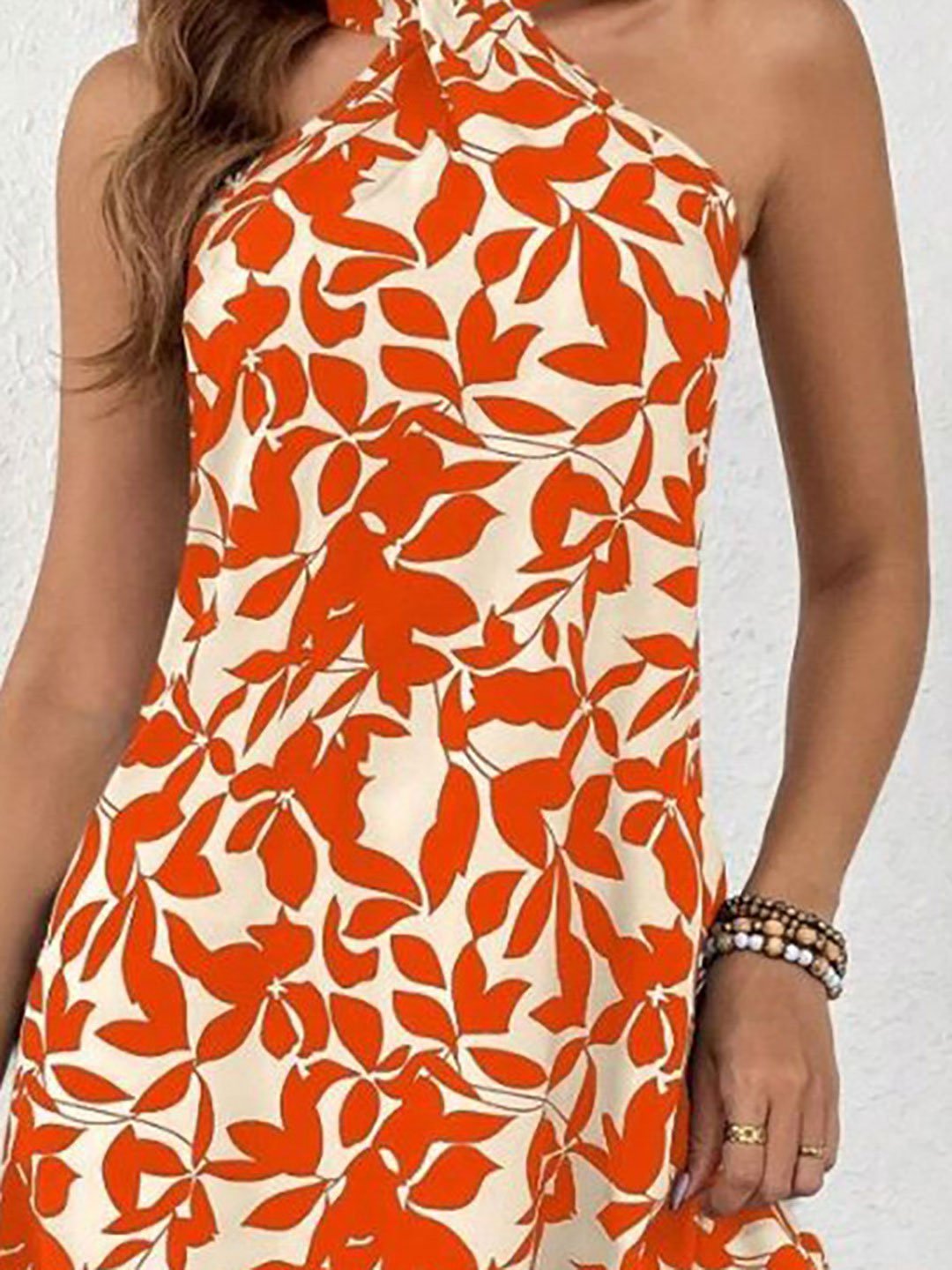 Orange Leaf Print Halter Mini Dress
