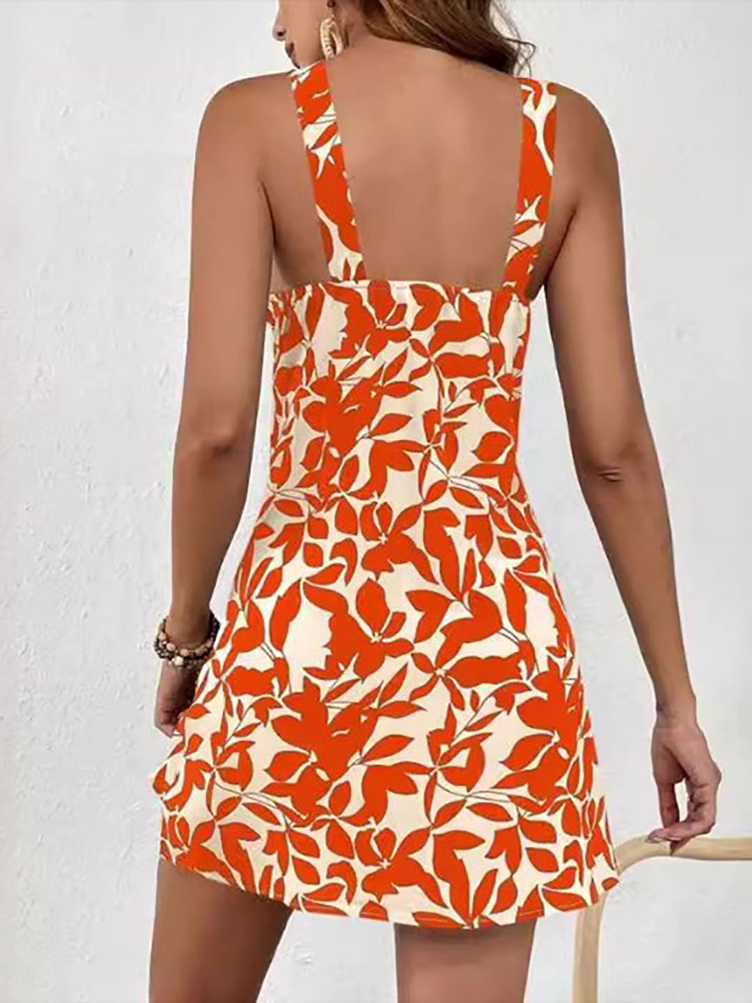 Orange Leaf Print Halter Mini Dress