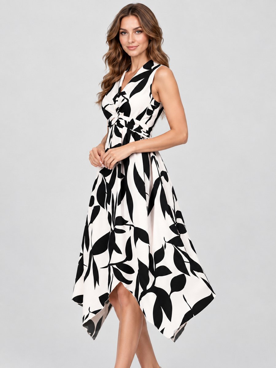 Off White Leaf Print V Neck Midi Dress