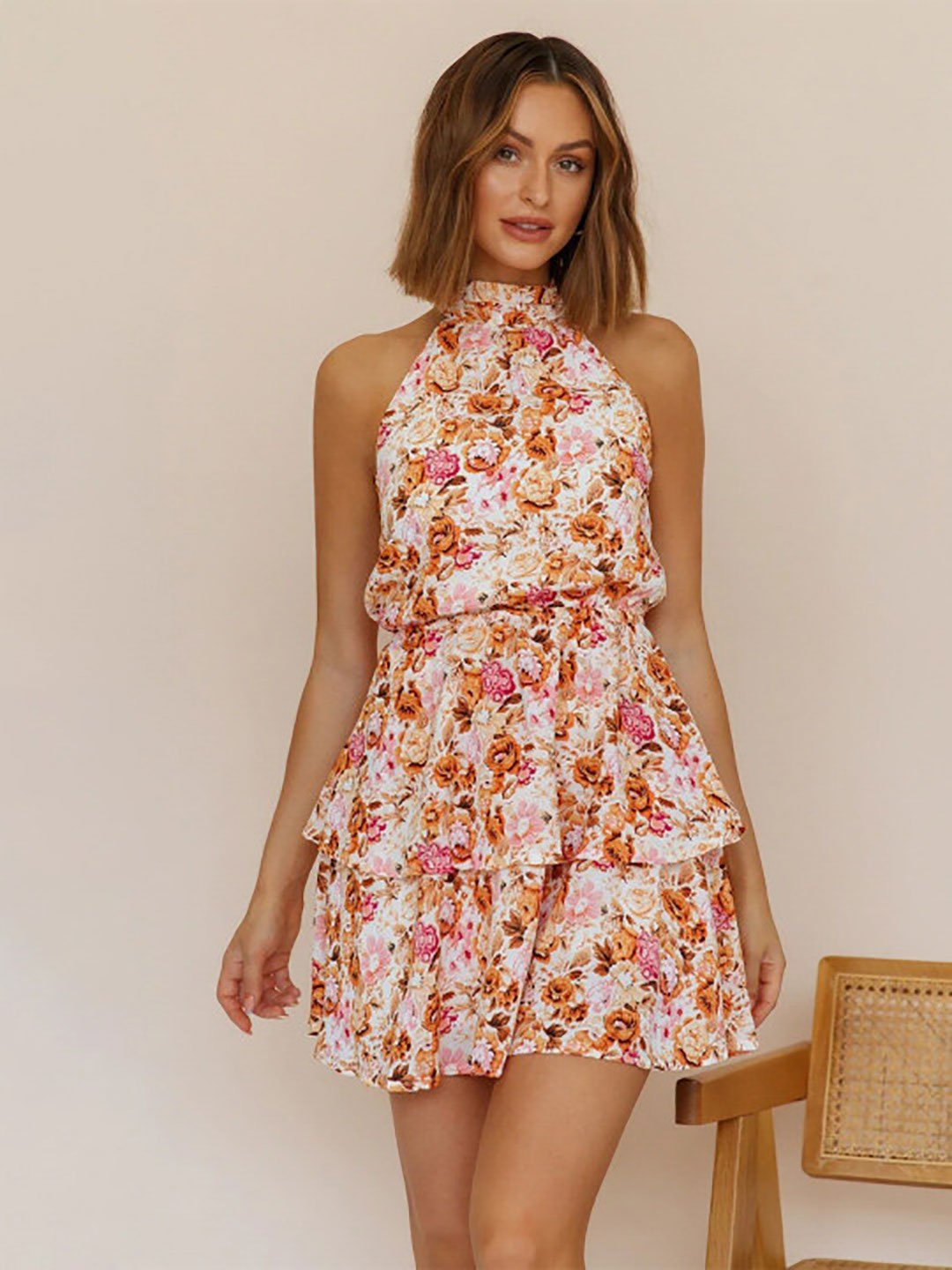 Multi Floral Halter Neck Skater Mini Dress