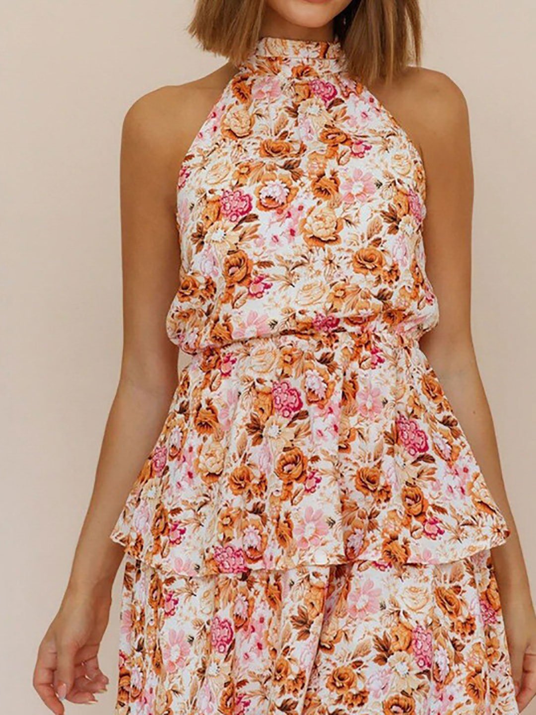 Multi Floral Halter Neck Skater Mini Dress