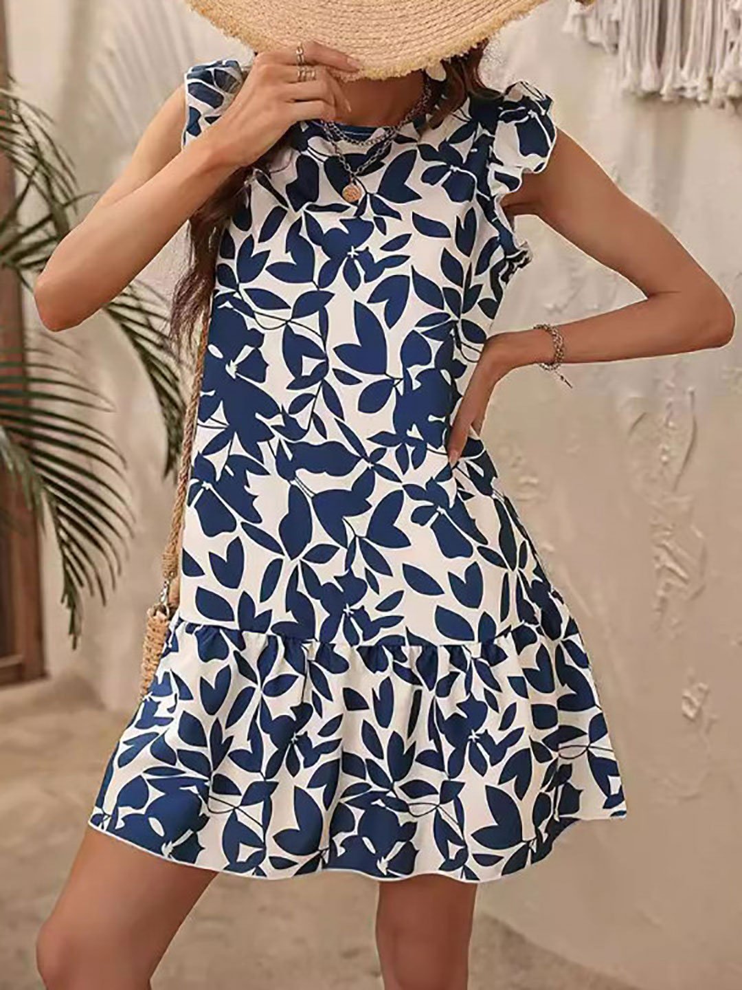 Blue Leaf Print Sleeveless Mini Dress