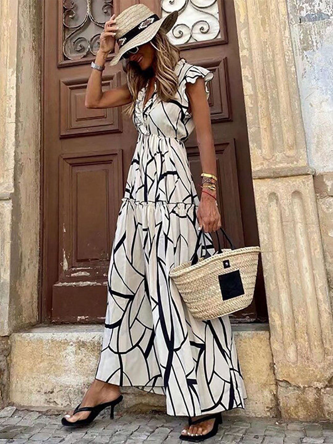 White V Neck Tiered Maxi Dress