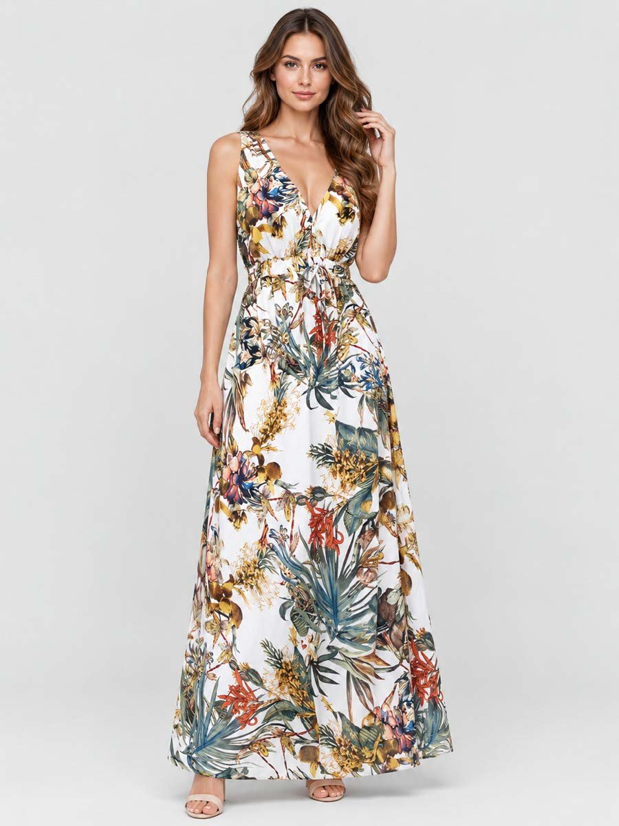 White Tropical Print Sleeveless Maxi Dress