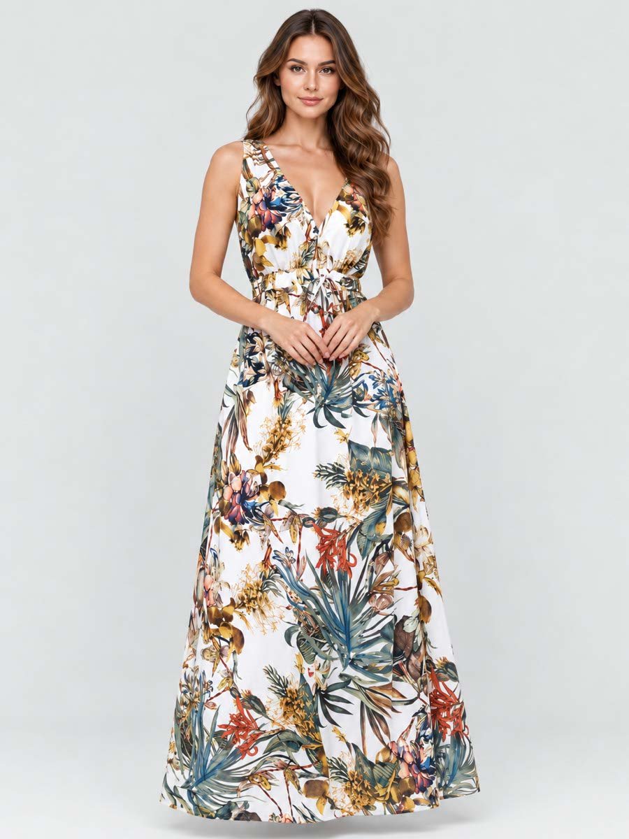 White Tropical Print Sleeveless Maxi Dress
