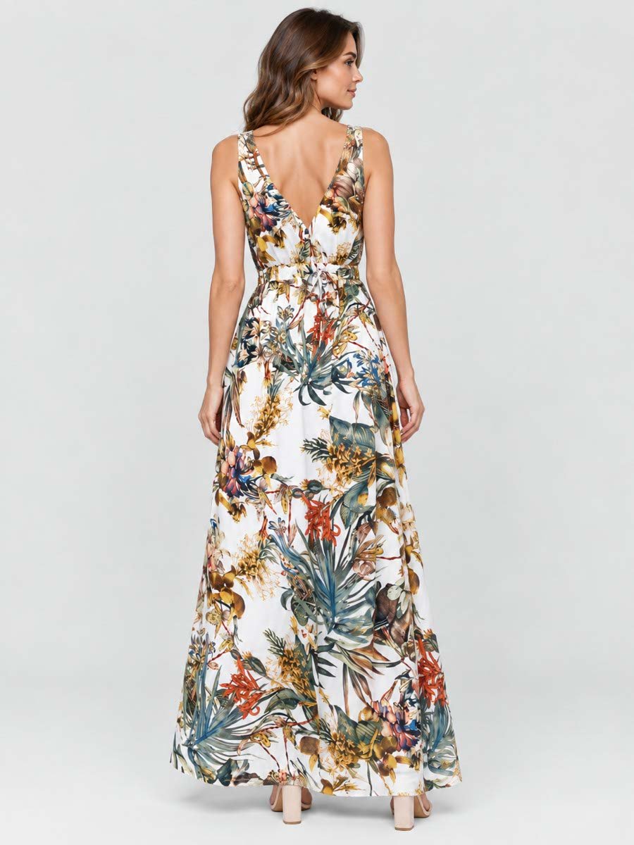 White Tropical Print Sleeveless Maxi Dress