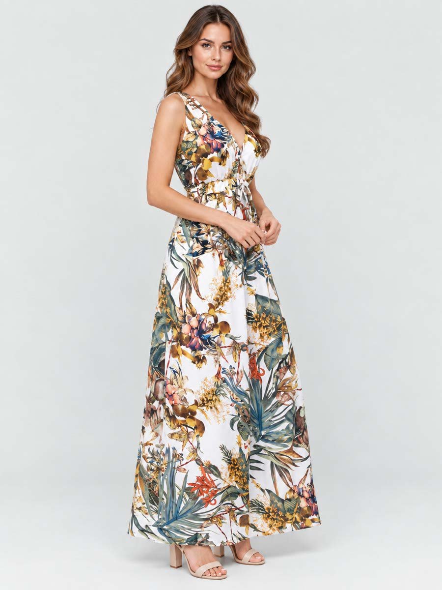 White Tropical Print Sleeveless Maxi Dress