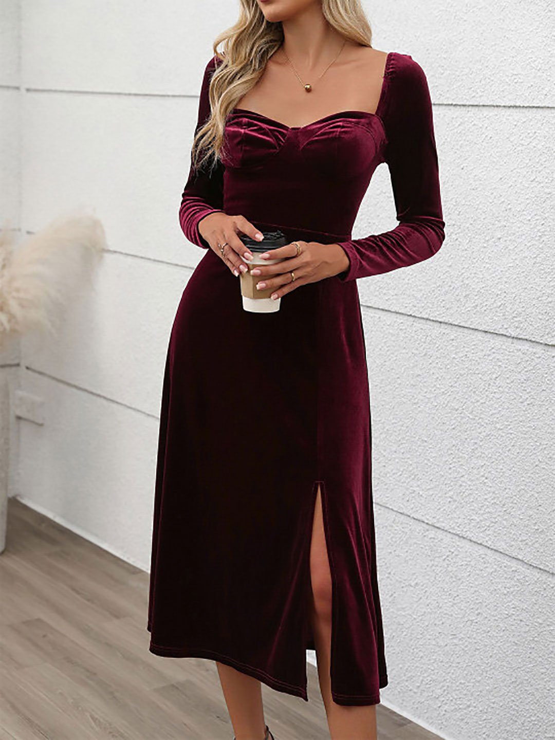 Maroon Velvet Sheath Midi Dress