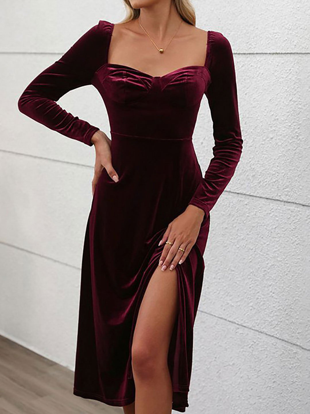 Maroon Velvet Sheath Midi Dress