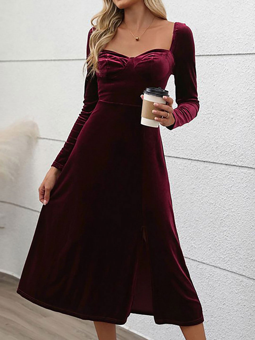 Maroon Velvet Sheath Midi Dress