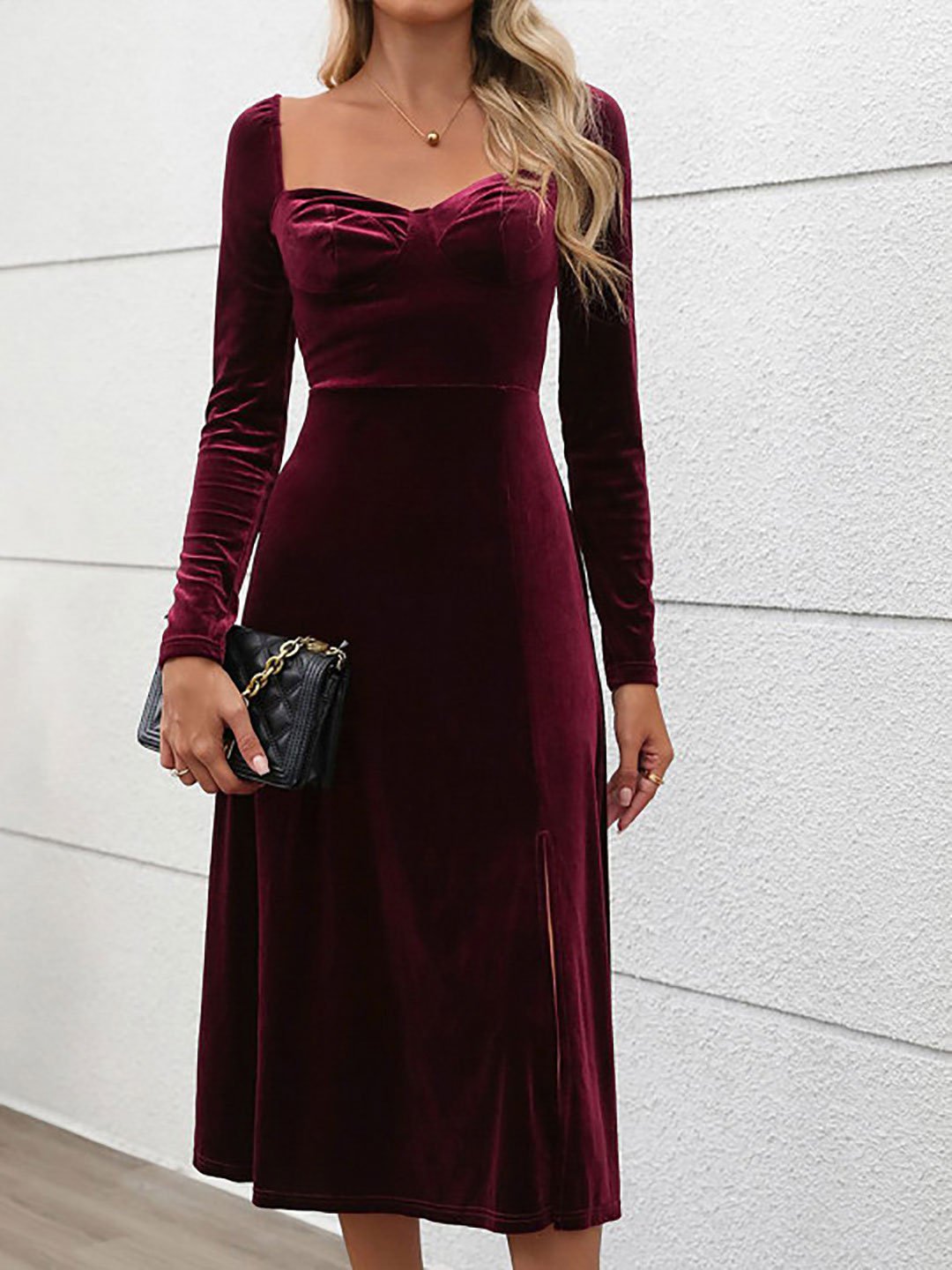 Maroon Velvet Sheath Midi Dress