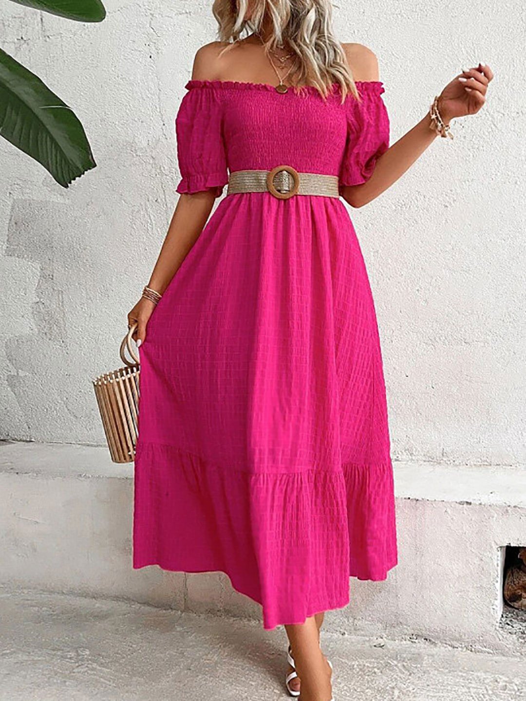 Pink Off-Shoulder Textured Midi Dress