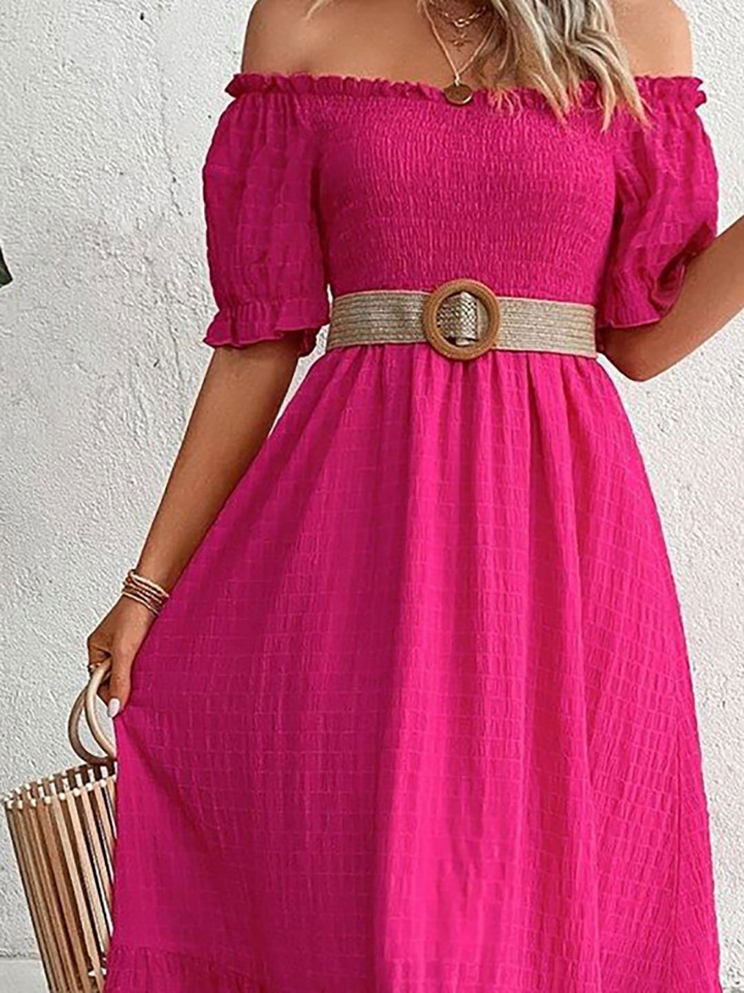 Pink Off-Shoulder Textured Midi Dress