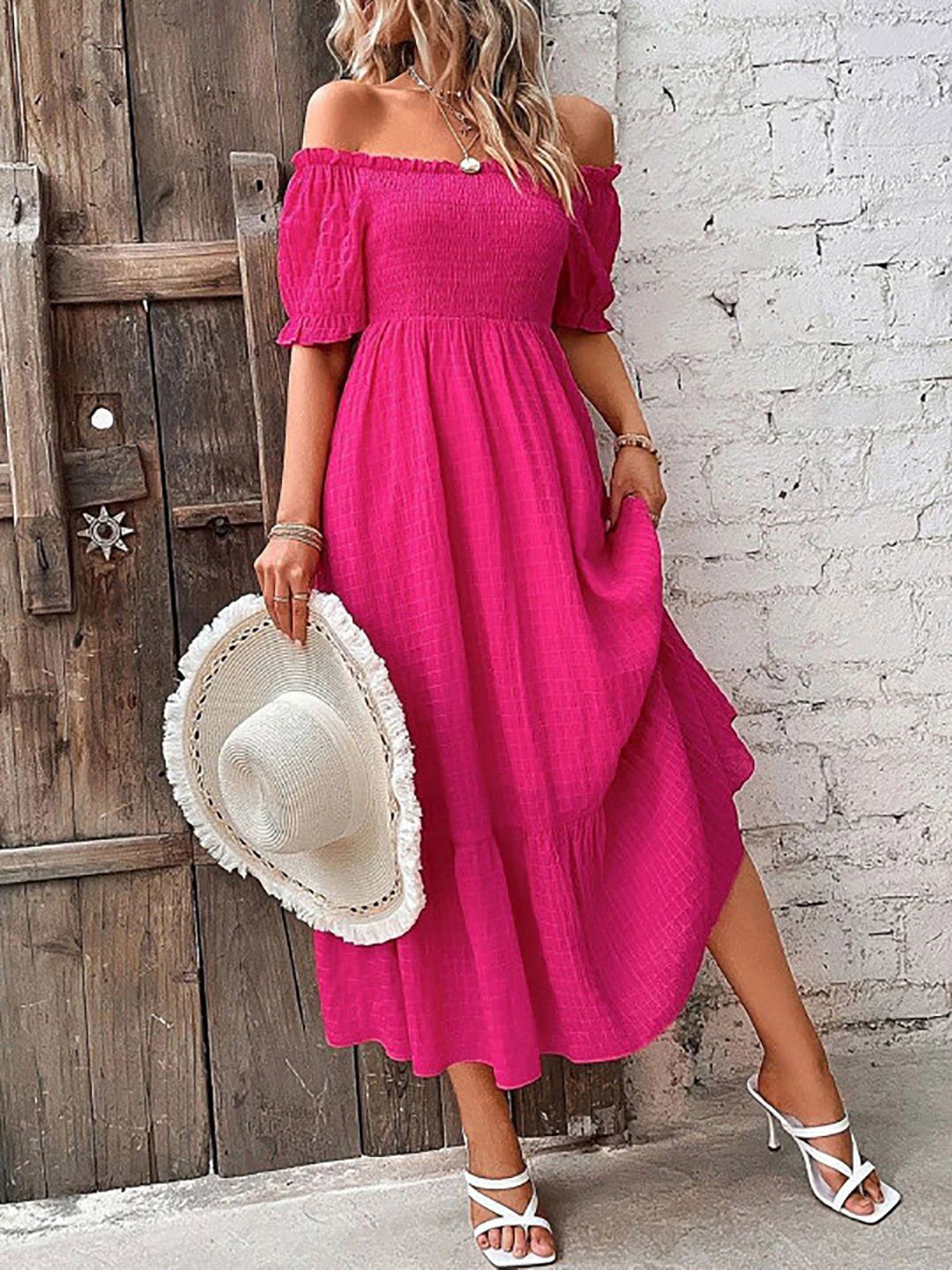 Pink Off-Shoulder Textured Midi Dress