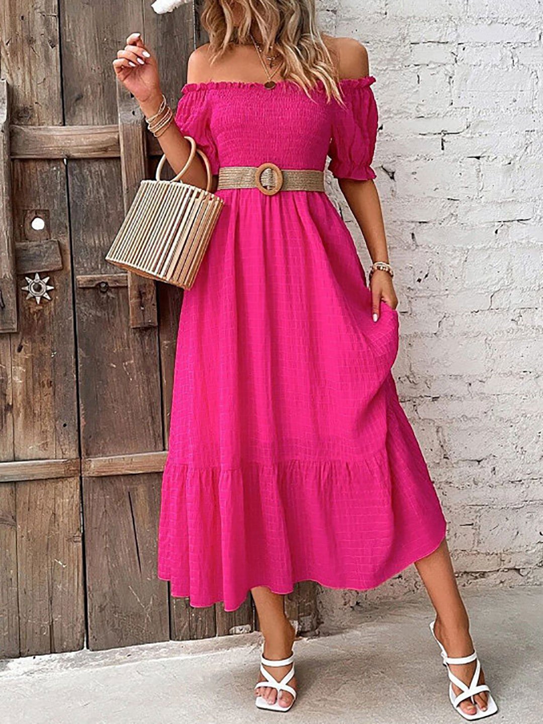 Pink Off-Shoulder Textured Midi Dress