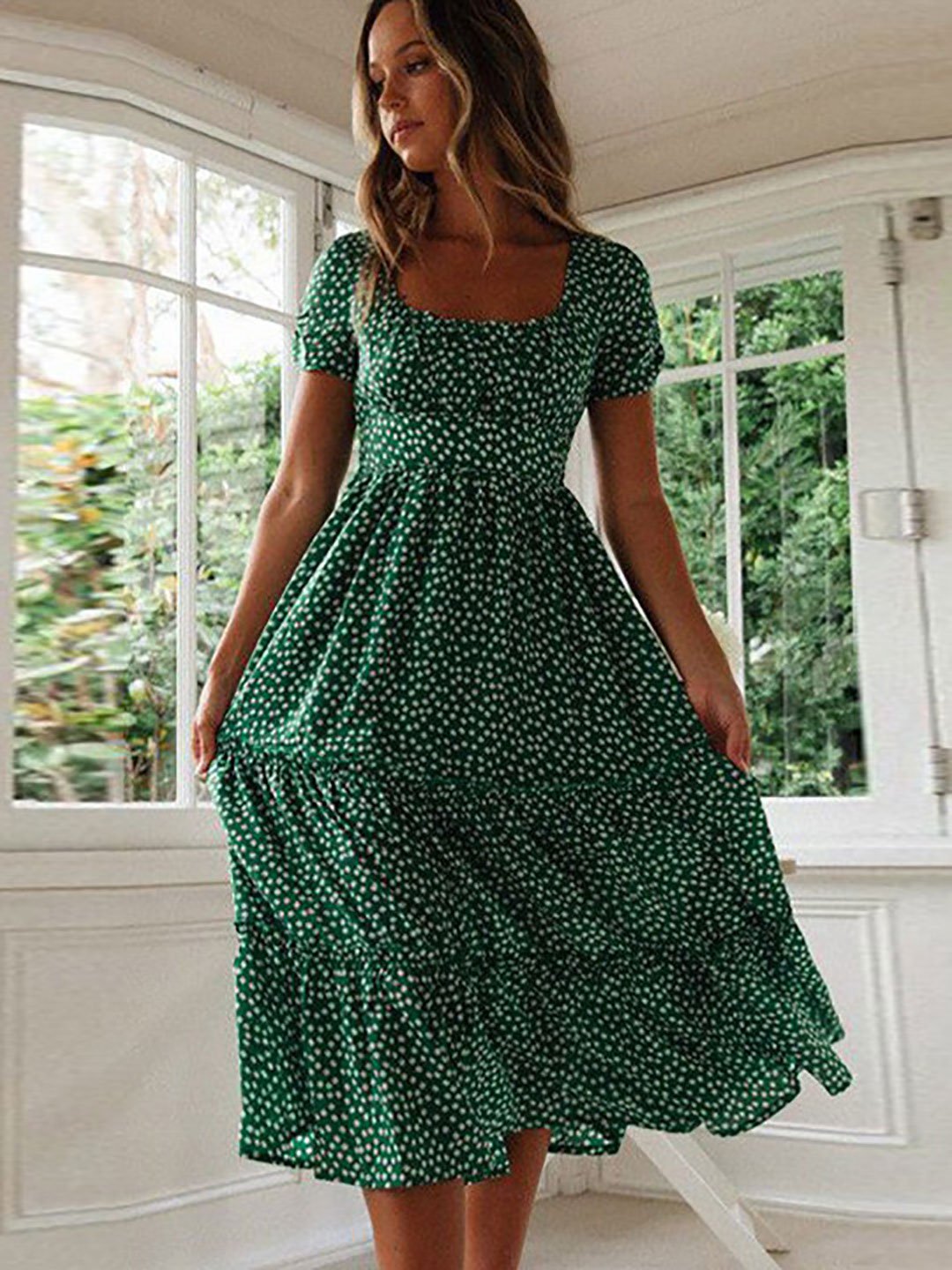 Green Ditsy Print Tiered Midi Dress