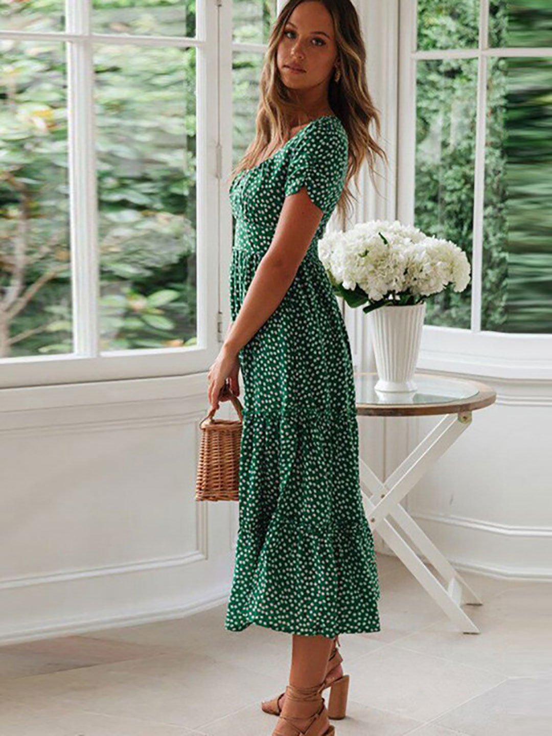 Green Ditsy Print Tiered Midi Dress