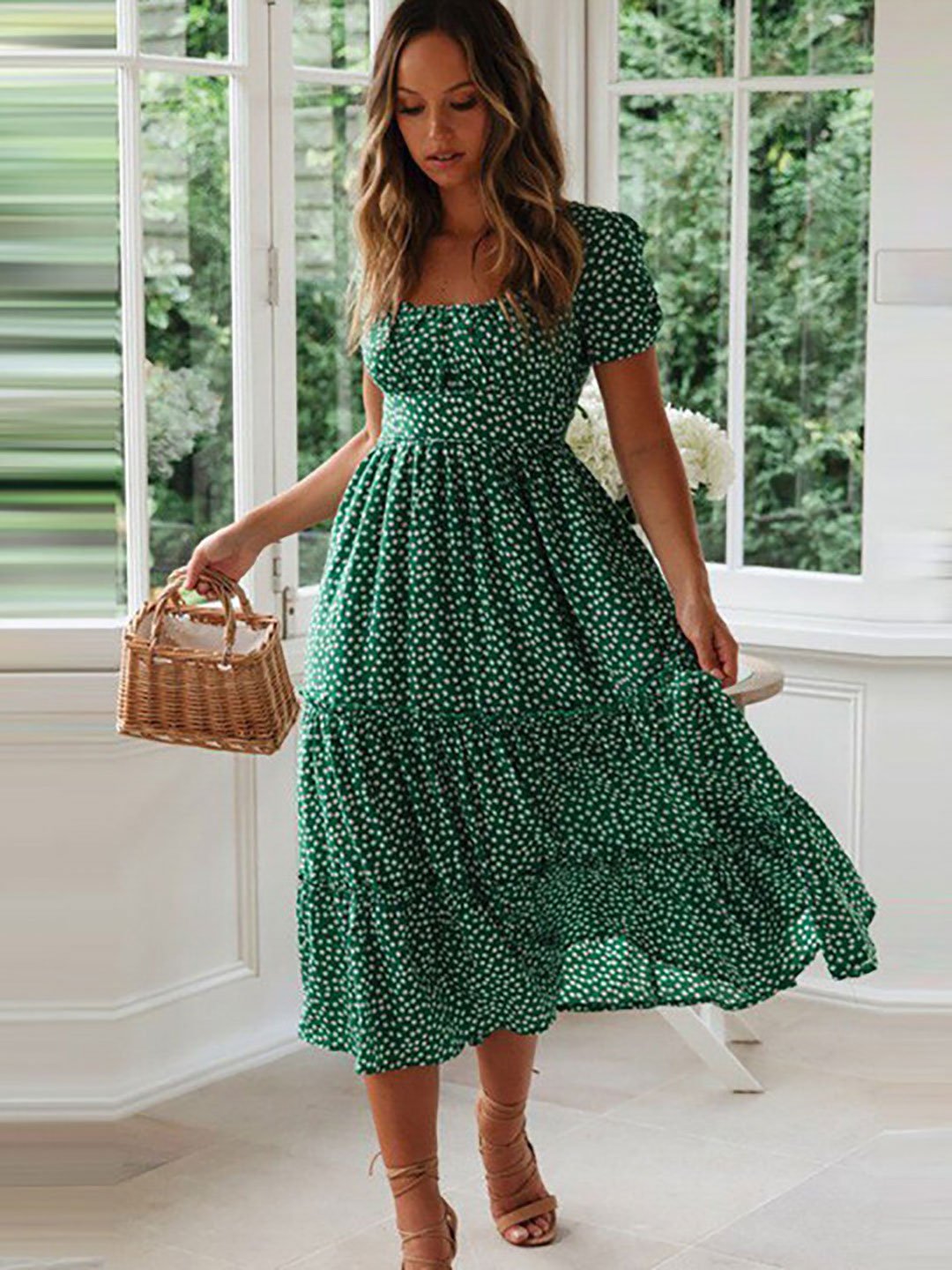 Green Ditsy Print Tiered Midi Dress
