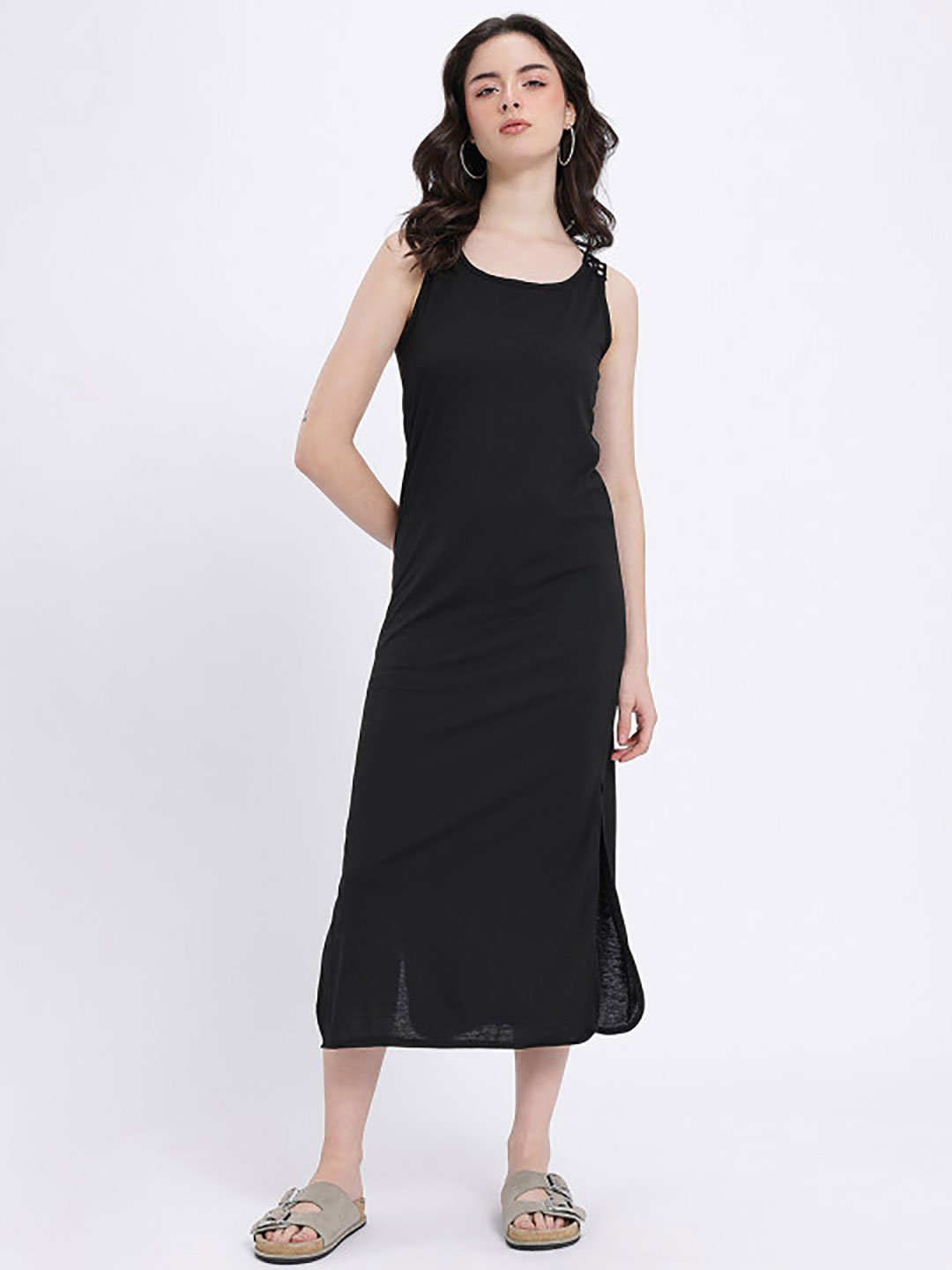 Black Embroidered Back Side Slit Midi Dress