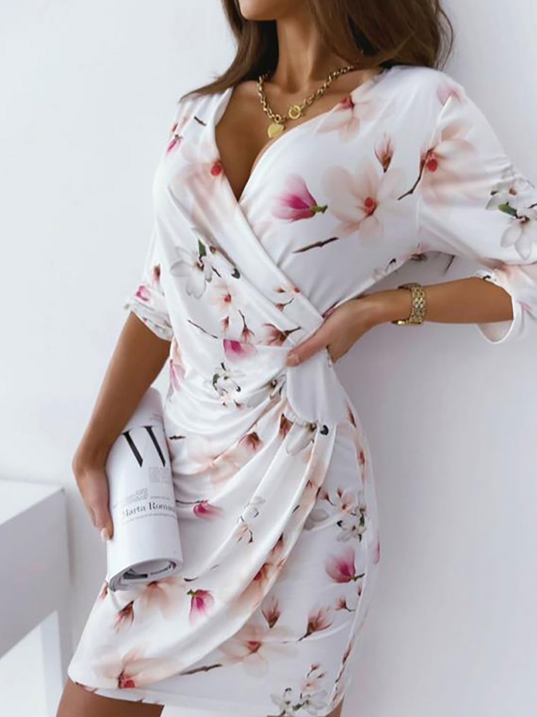 White Floral Wrap Front Knee Length Dress