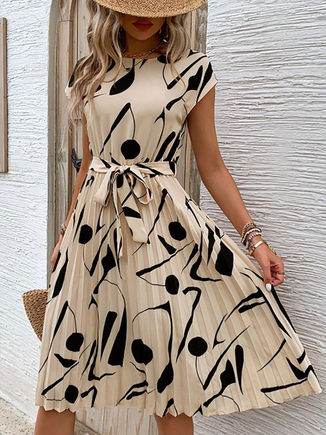 Beige Abstract Print Pleated Knee-Length Dress