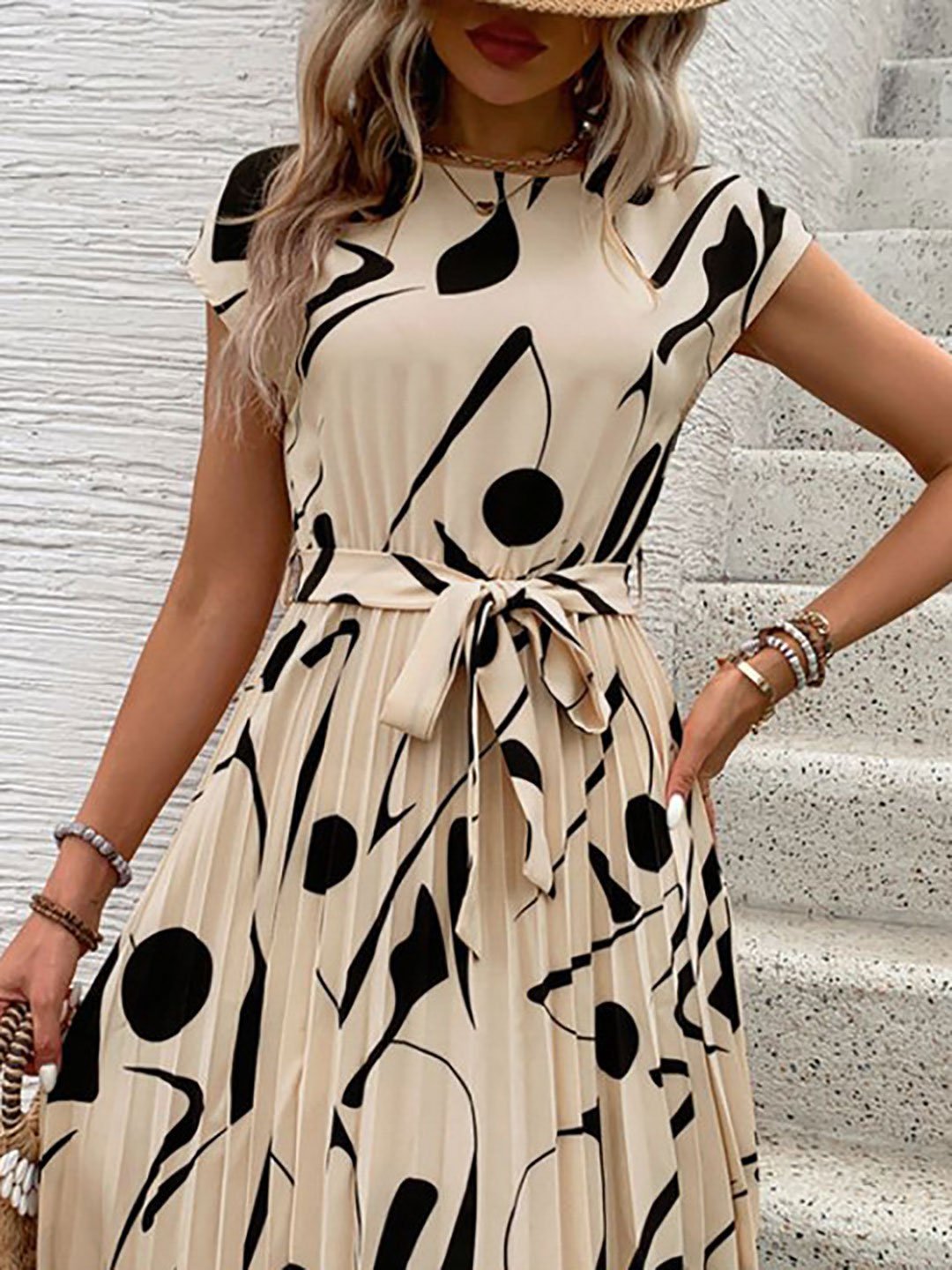 Beige Abstract Print Pleated Knee-Length Dress