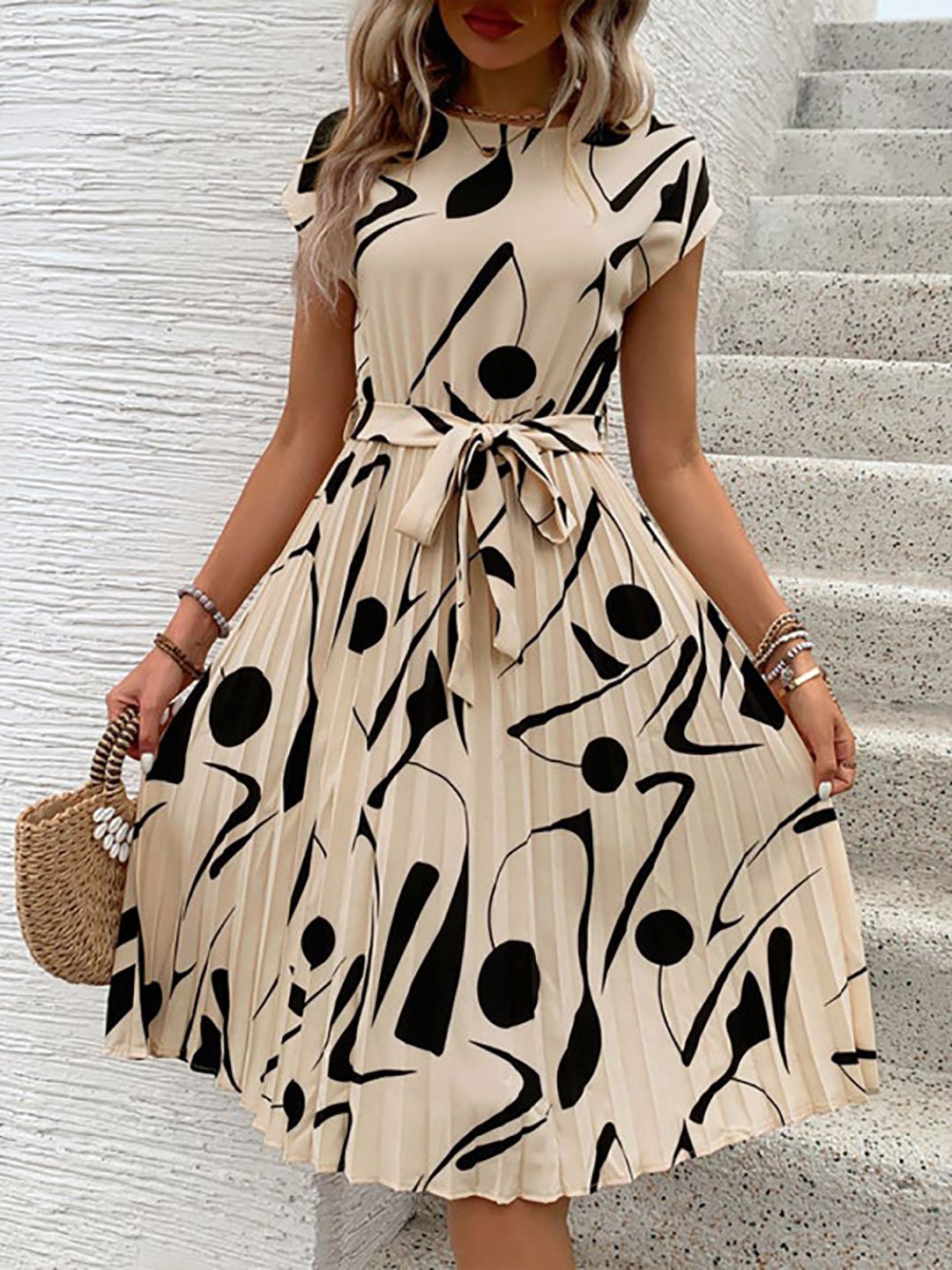 Beige Abstract Print Pleated Knee-Length Dress