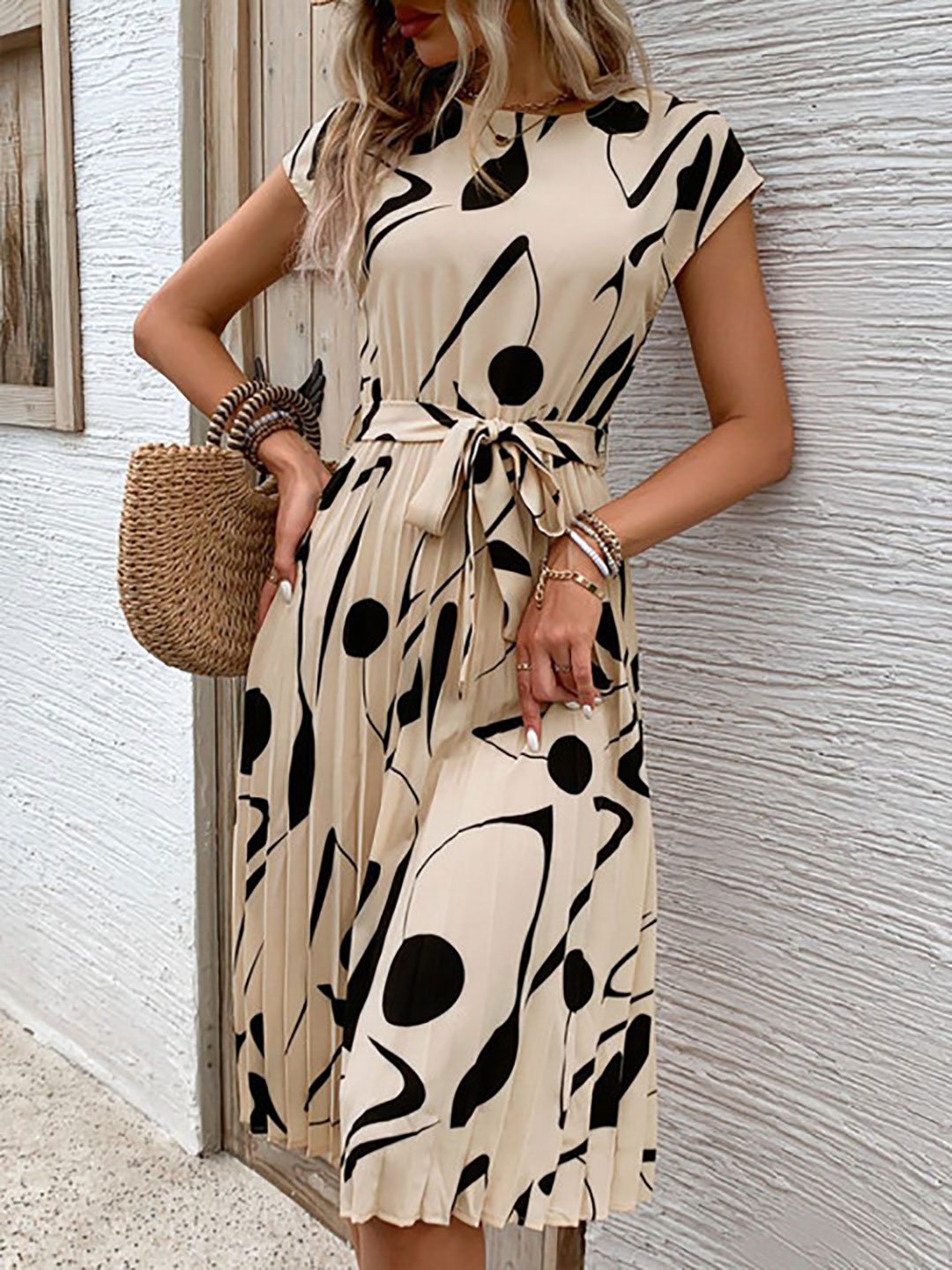 Beige Abstract Print Pleated Knee-Length Dress