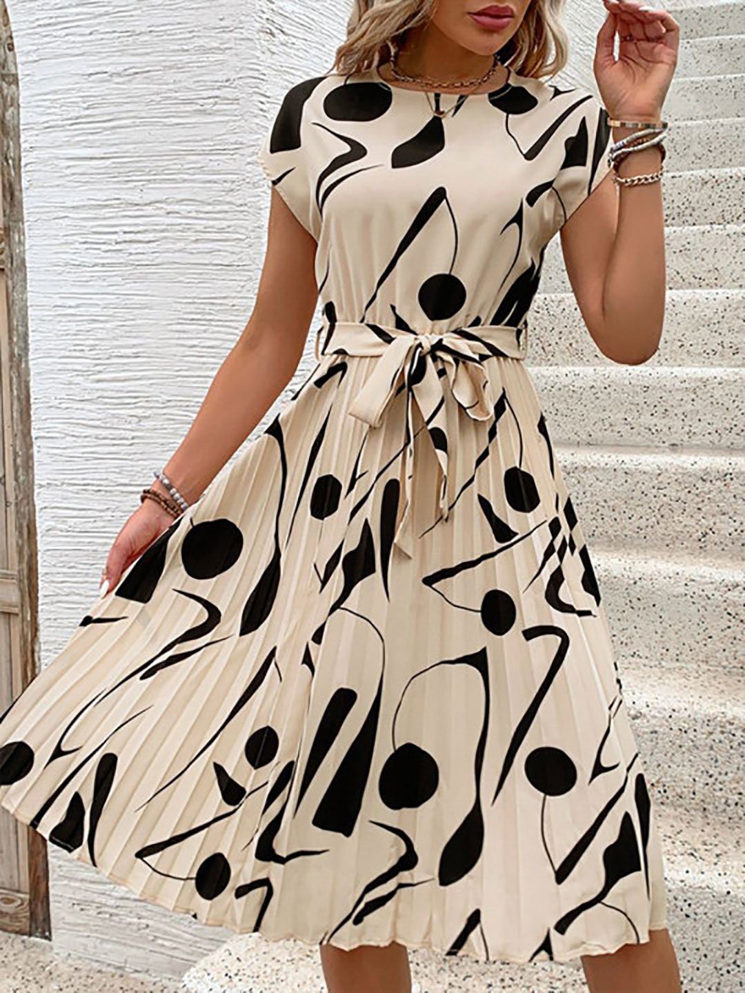 Beige Abstract Print Pleated Knee-Length Dress