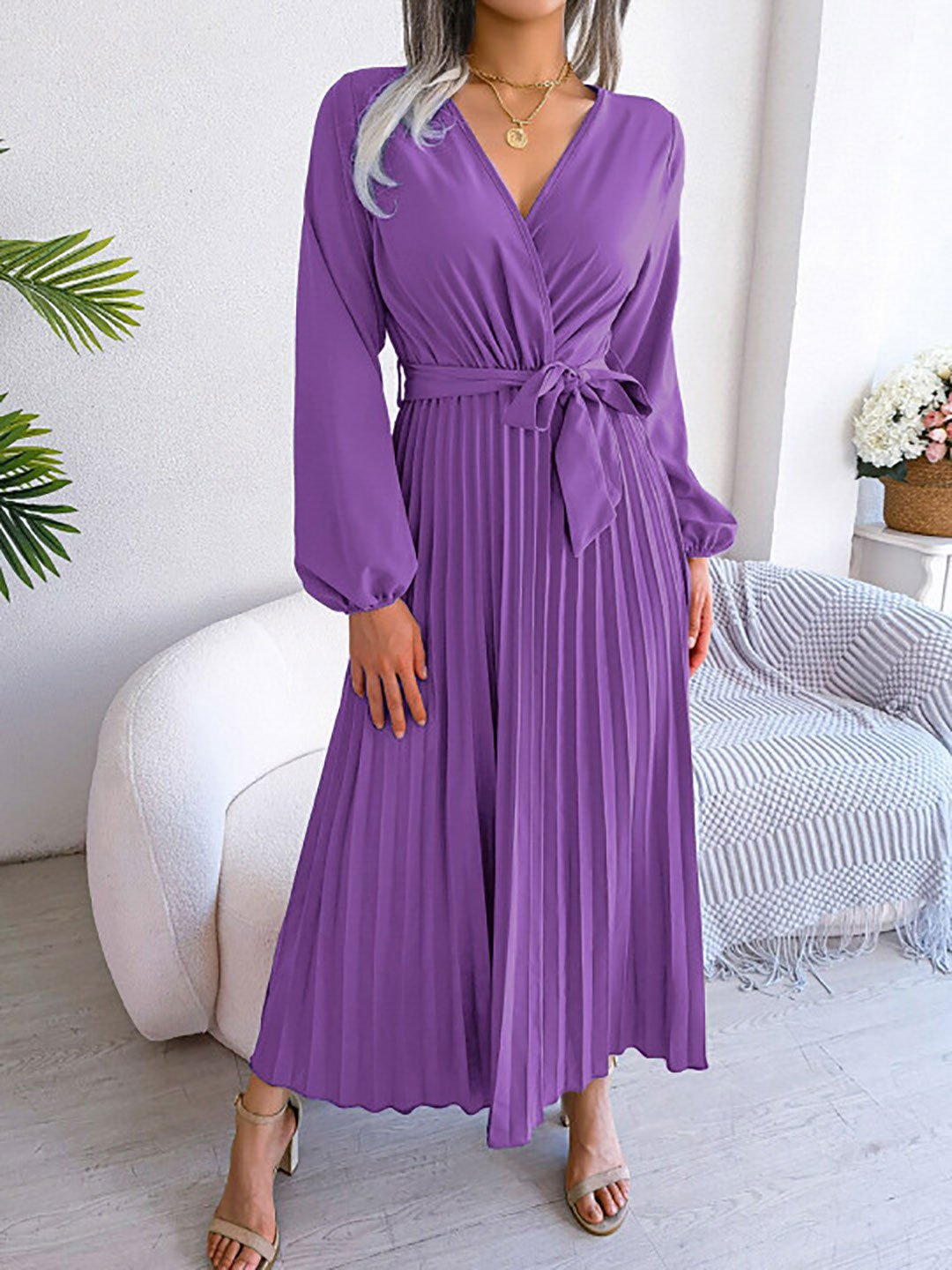 Purple V Neck Chiffon Plated Maxi Dress