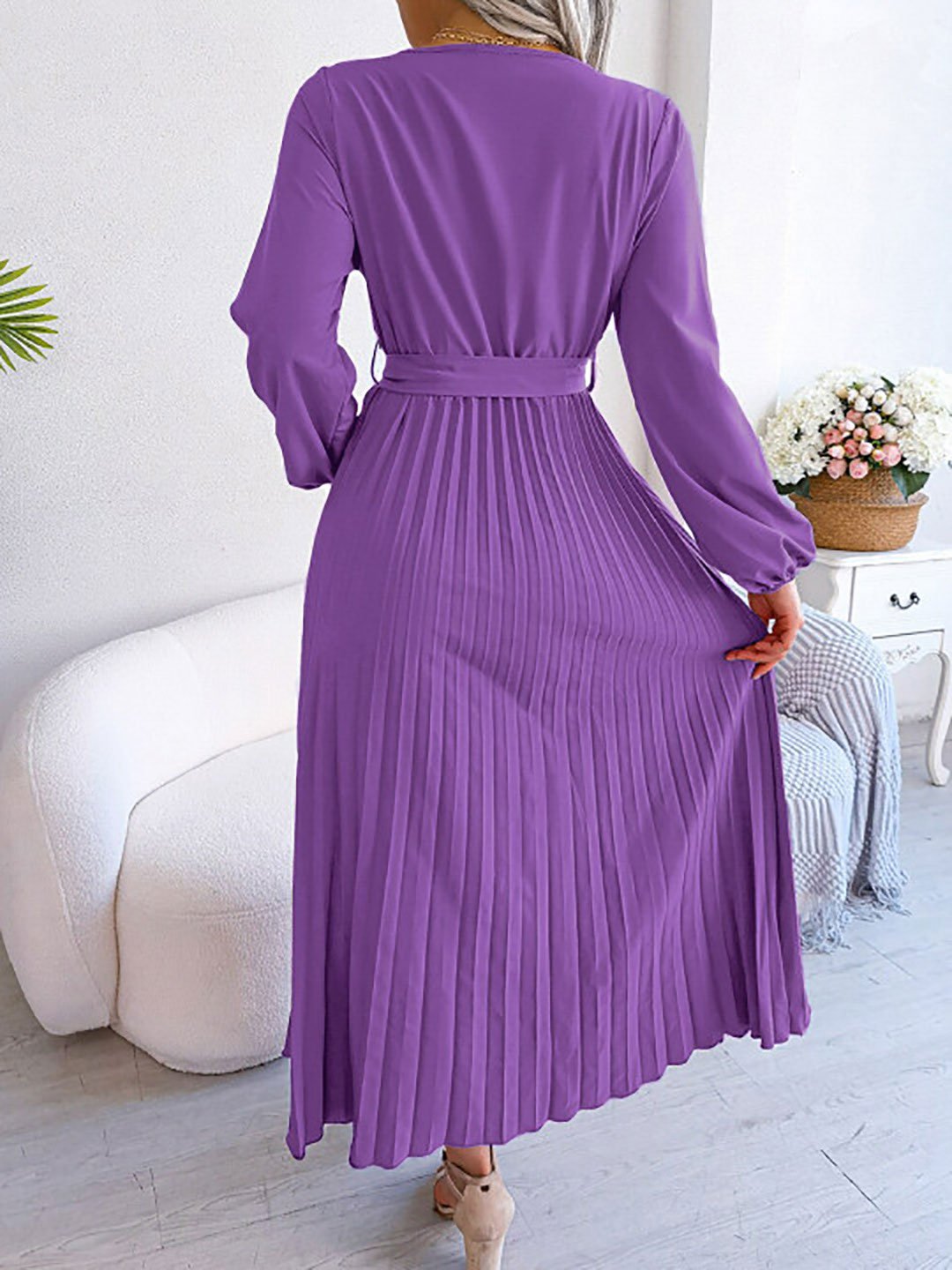 Purple V Neck Chiffon Plated Maxi Dress