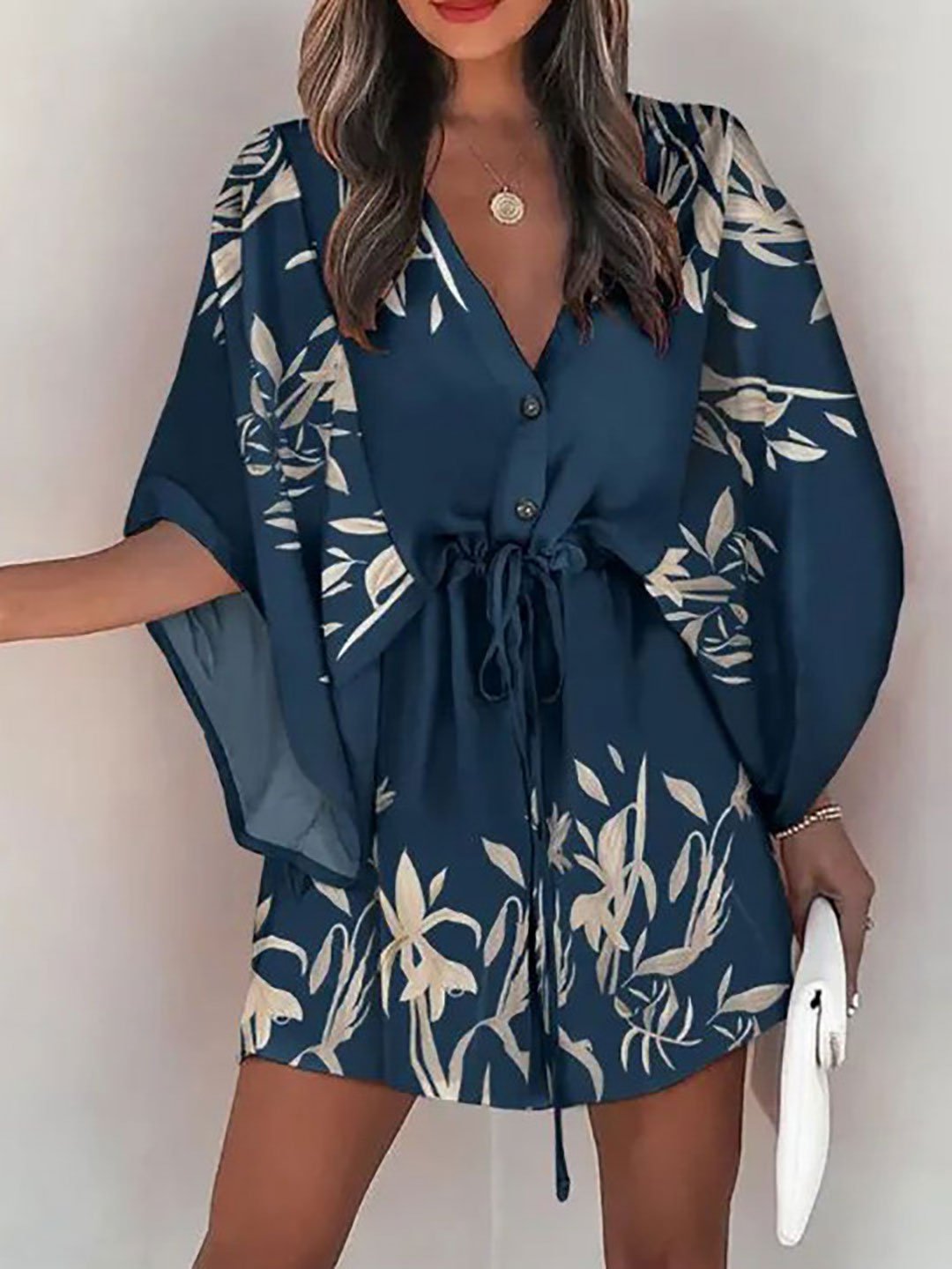 Teal Floral Print Kimono Sleeve Mini Dress