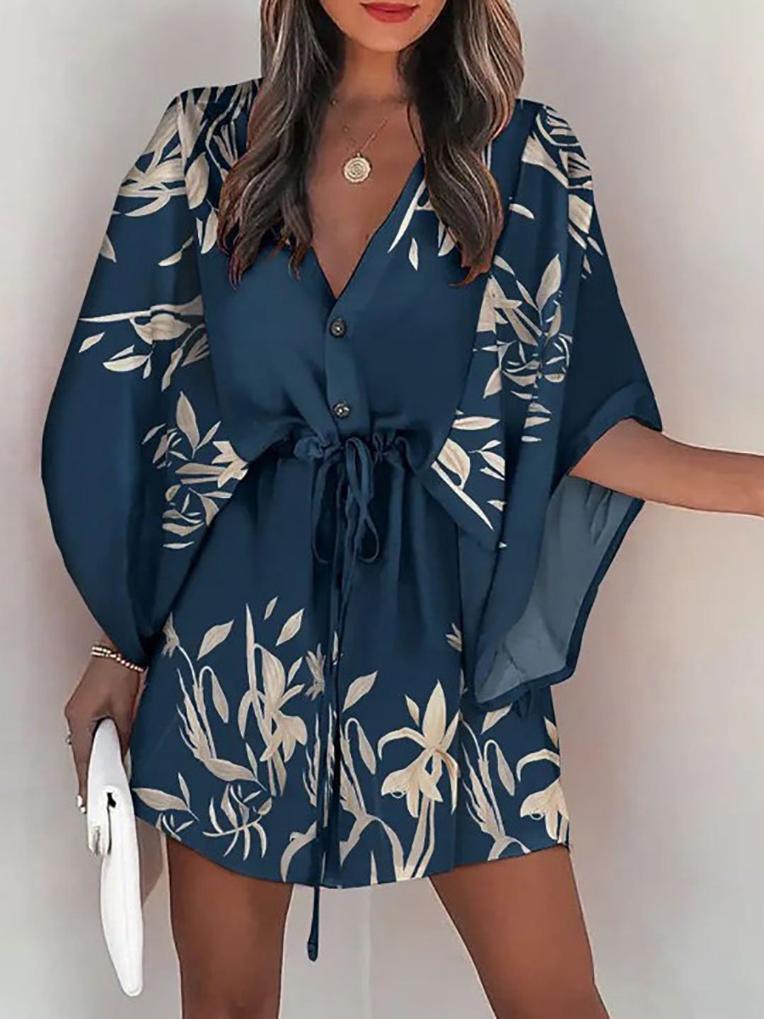 Teal Floral Print Kimono Sleeve Mini Dress