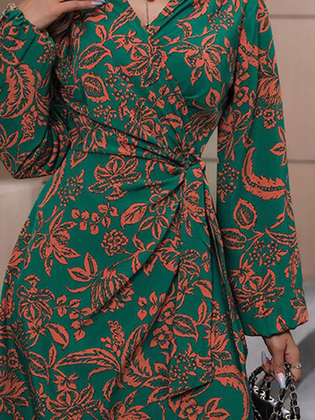 Green Floral Wrap Knee Length Dress