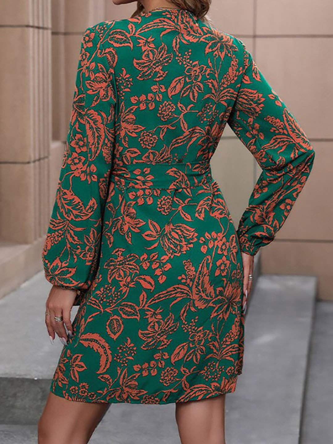 Green Floral Wrap Knee Length Dress