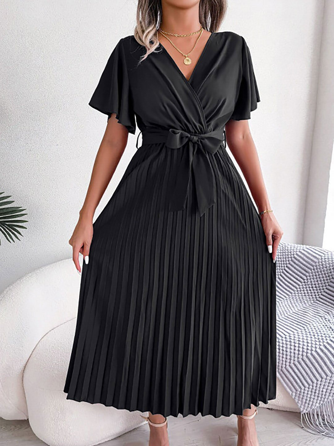 strapless open back dress Sunshine Pleated Chiffon Dress in Black – SABA main image 0
