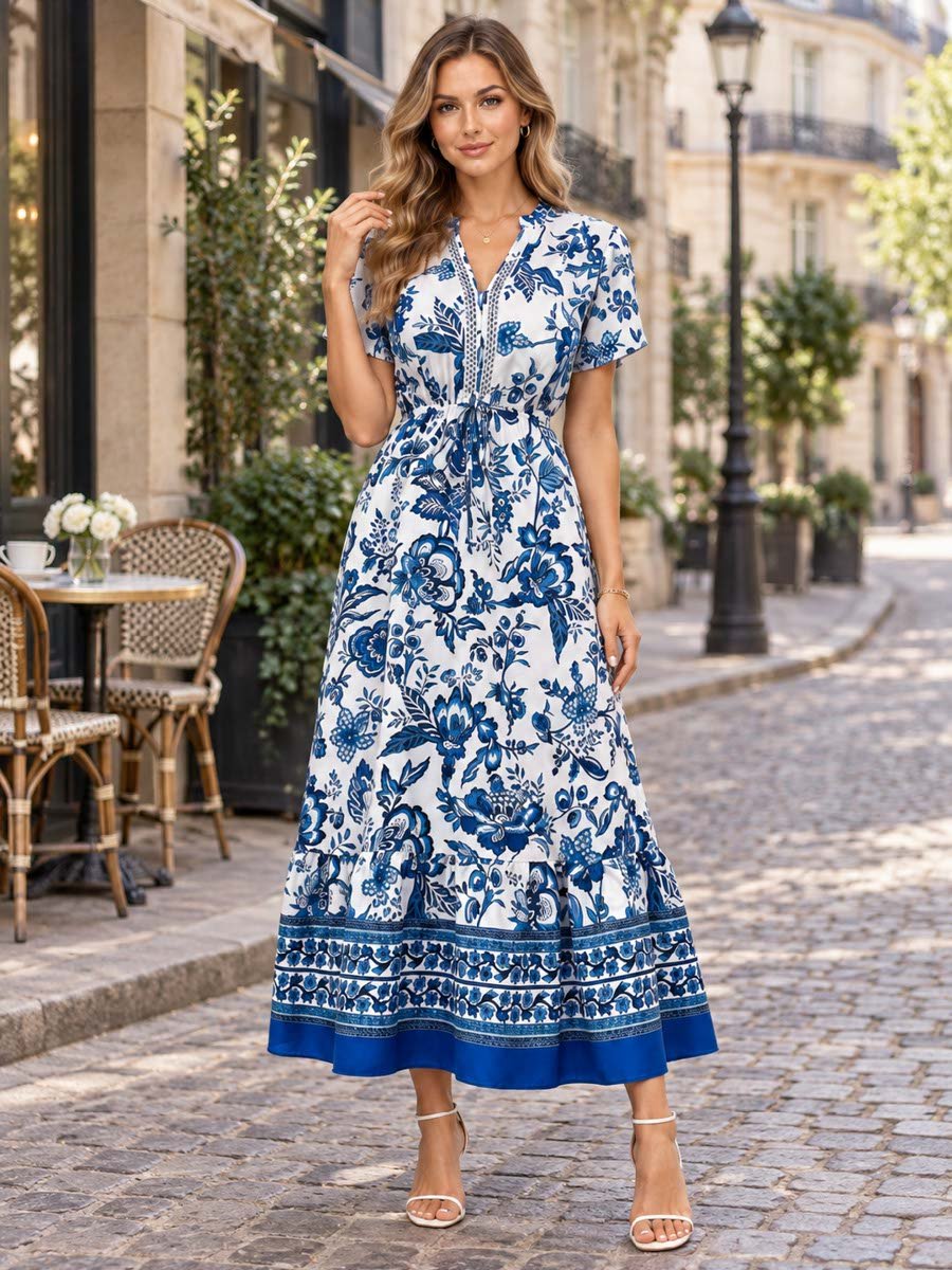 Blue All Over Print Drawstring Maxi Dress