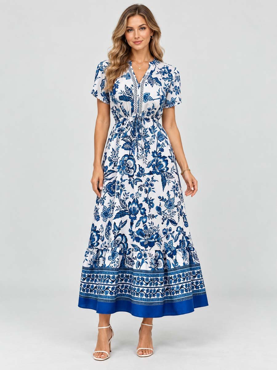 Blue All Over Print Drawstring Maxi Dress
