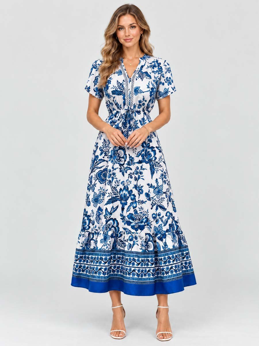 Blue All Over Print Drawstring Maxi Dress