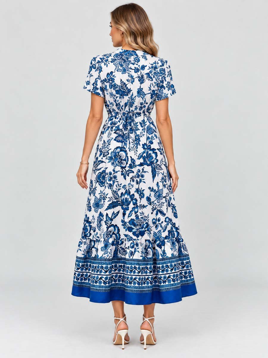 Blue All Over Print Drawstring Maxi Dress