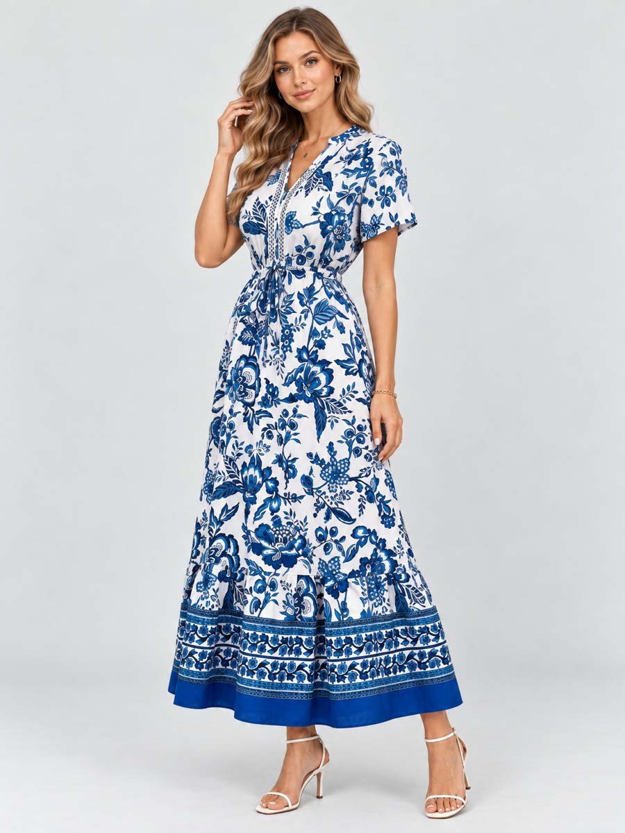 Blue All Over Print Drawstring Maxi Dress