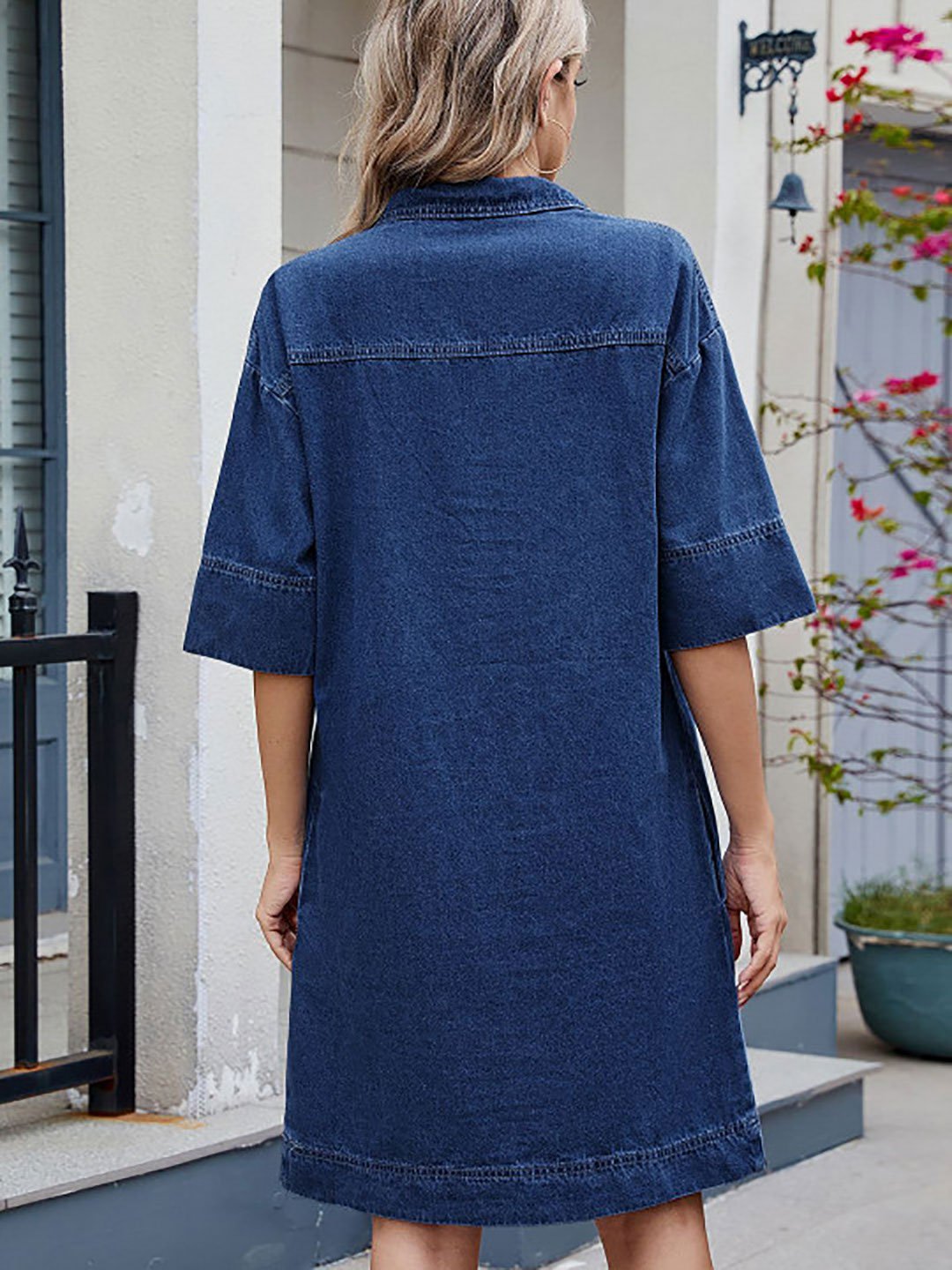 Blue Open Collar Denim Knee-Length Dress