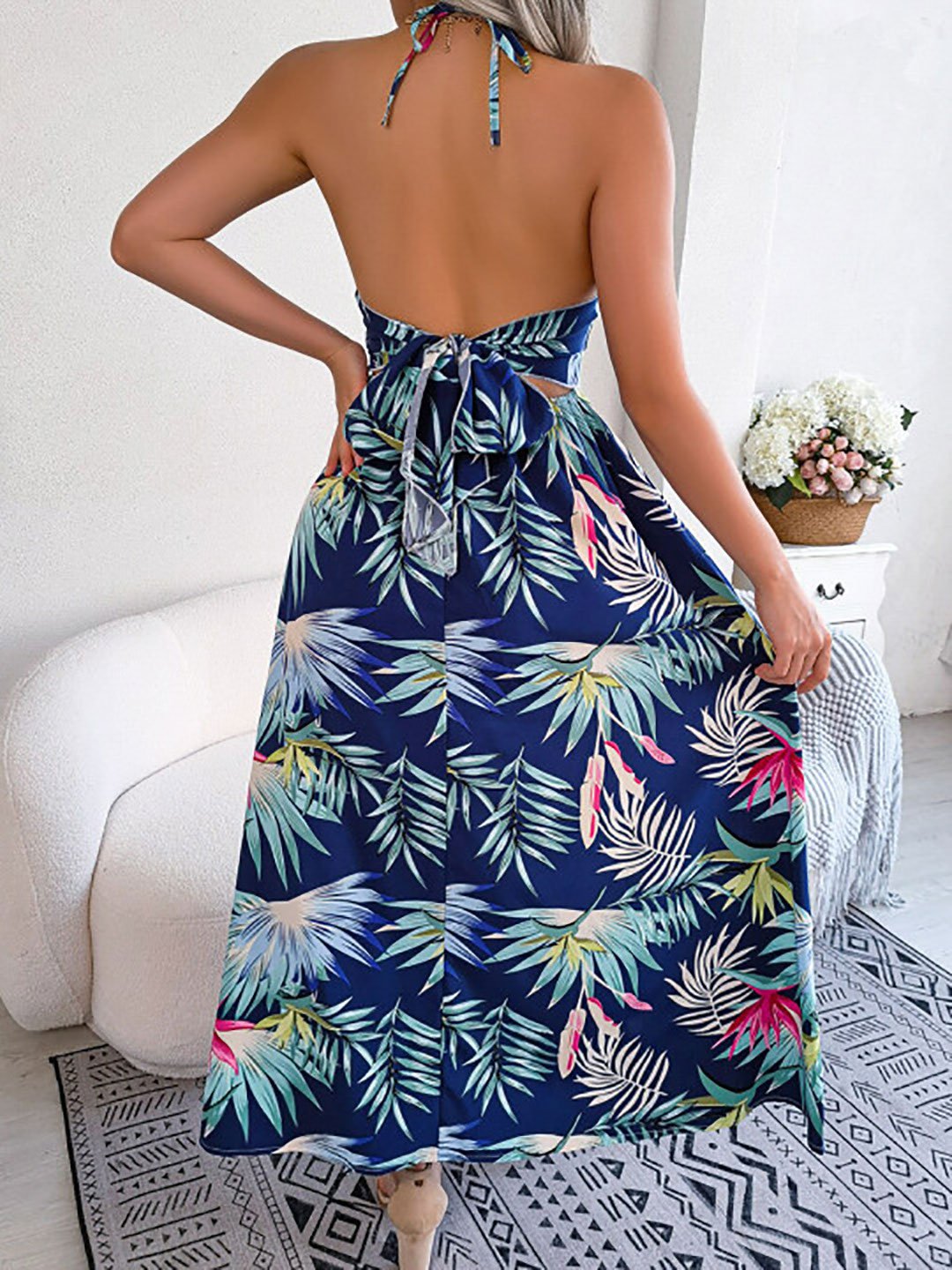 Navy Blue Cut-Out Tropical Print Midi Dress