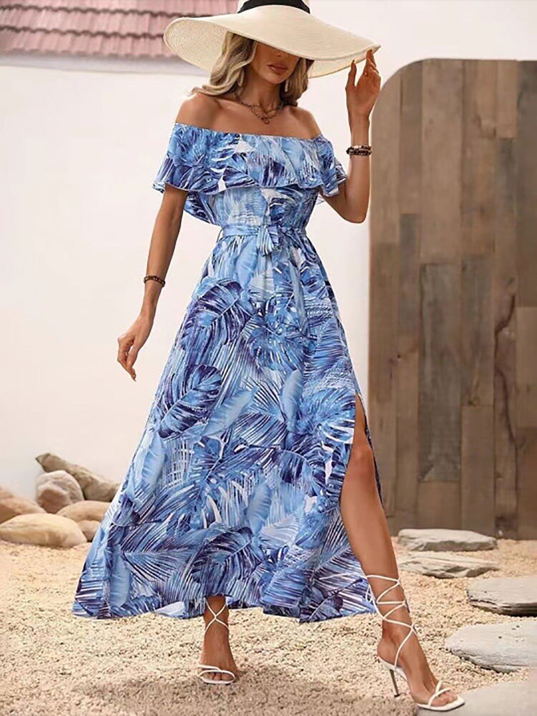 Blue Tropical Print Off Shoulder Maxi Dress
