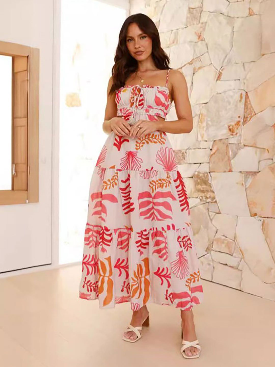 White Tropical Print Strappy Maxi Dress