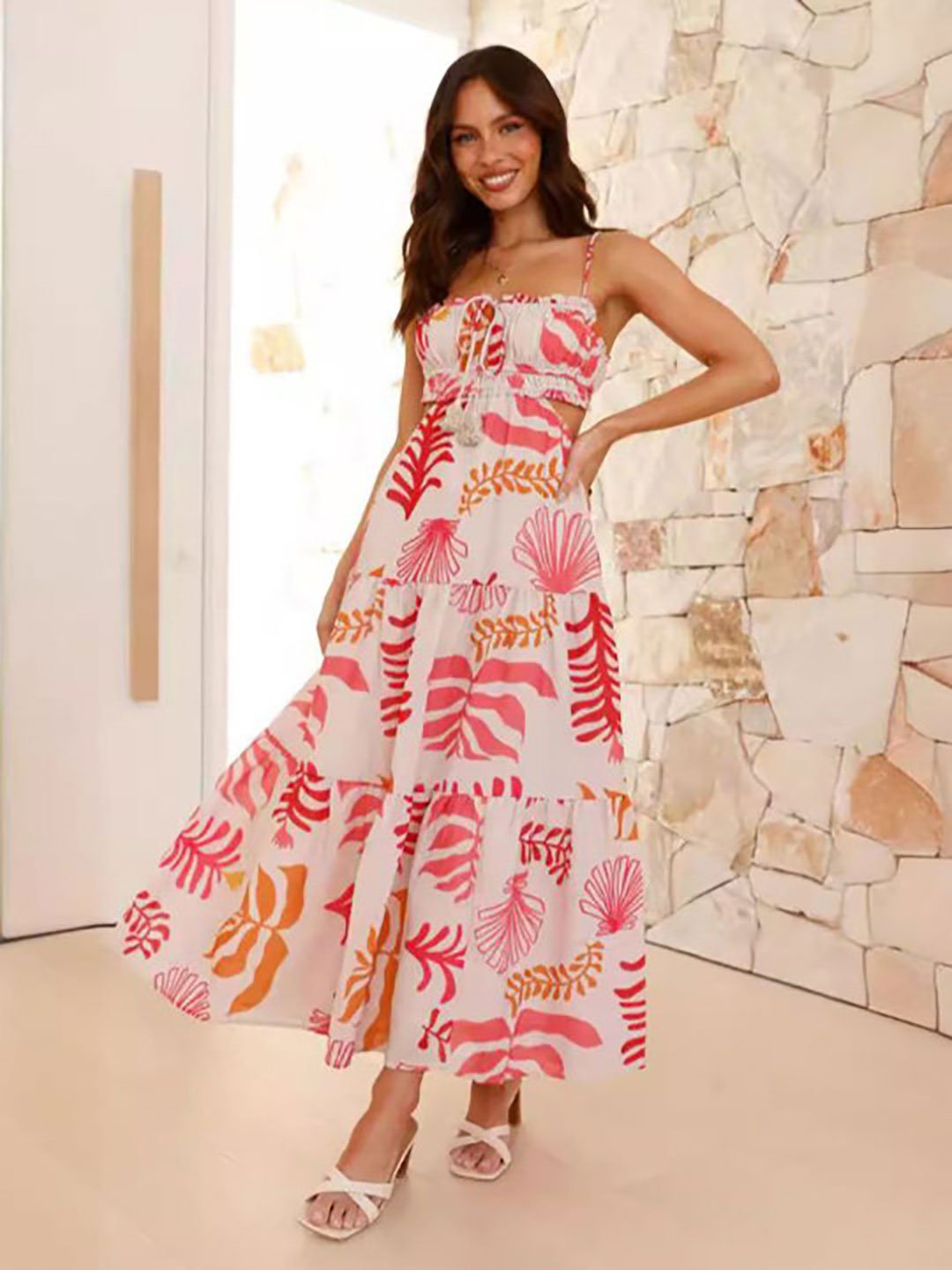 White Tropical Print Strappy Maxi Dress