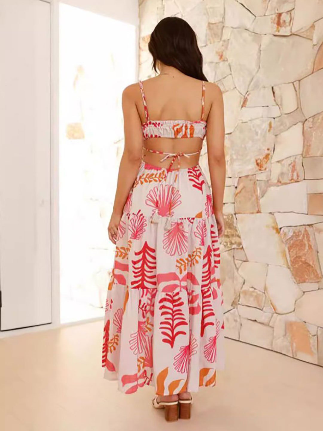 White Tropical Print Strappy Maxi Dress